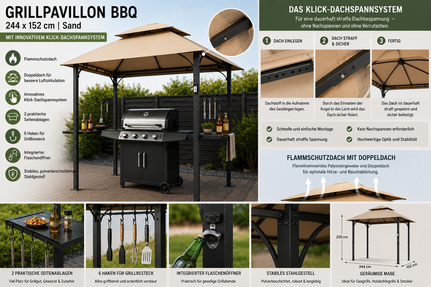 Grillpavillon BBQ 1,52x2,44m inkl. Flammschutzdach sand