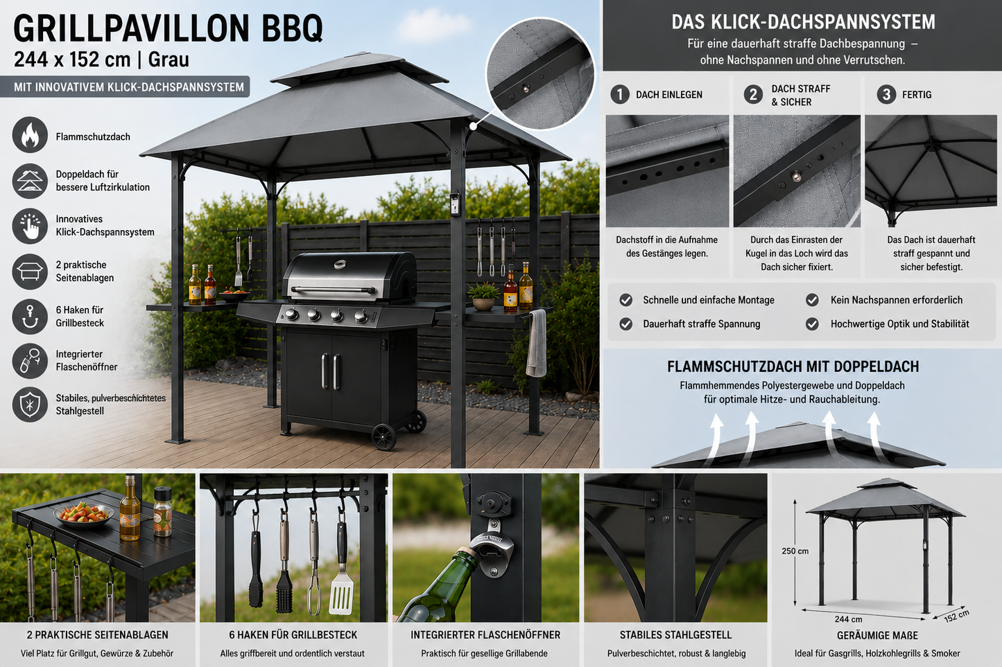 Grillpavillon BBQ 1,5x2,4m inkl. Flammschutzdach grau