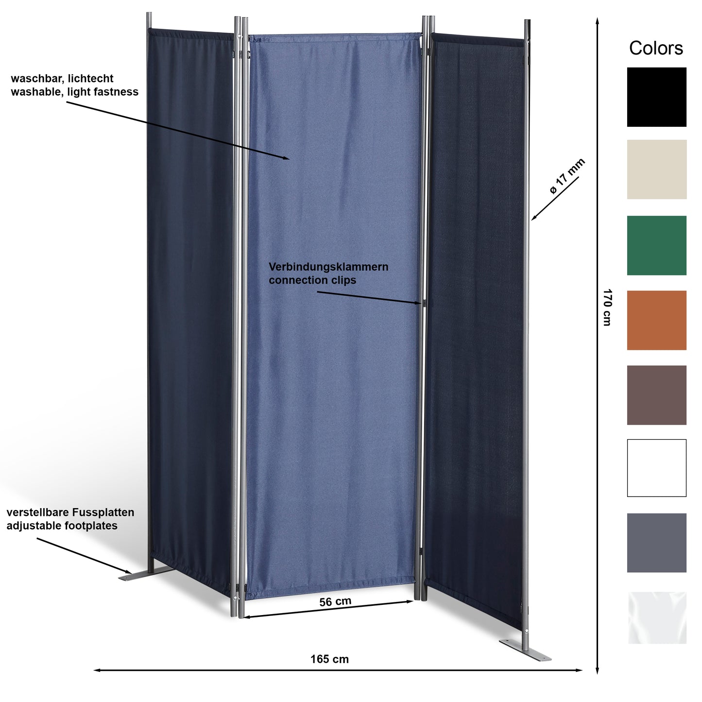 Stellwand 165x170 cm dreiteilig - grau - Paravent Raumteiler Trennwand Sichtschutz