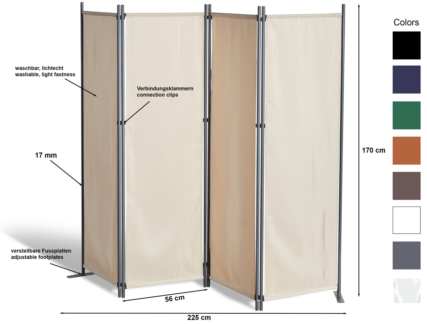 Paravent 4 teilig Schwarz Raumteiler Trennwand Sichtschutz Balkontrennung