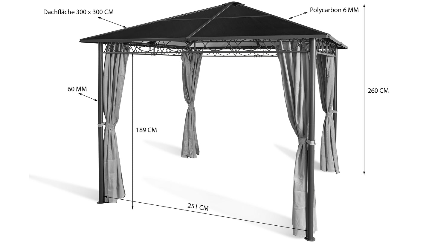 Hardtop Pavillon Meran 3x3m mit  Seitenteile Doppelstegplatten Hohlkammer  Polycarbonat