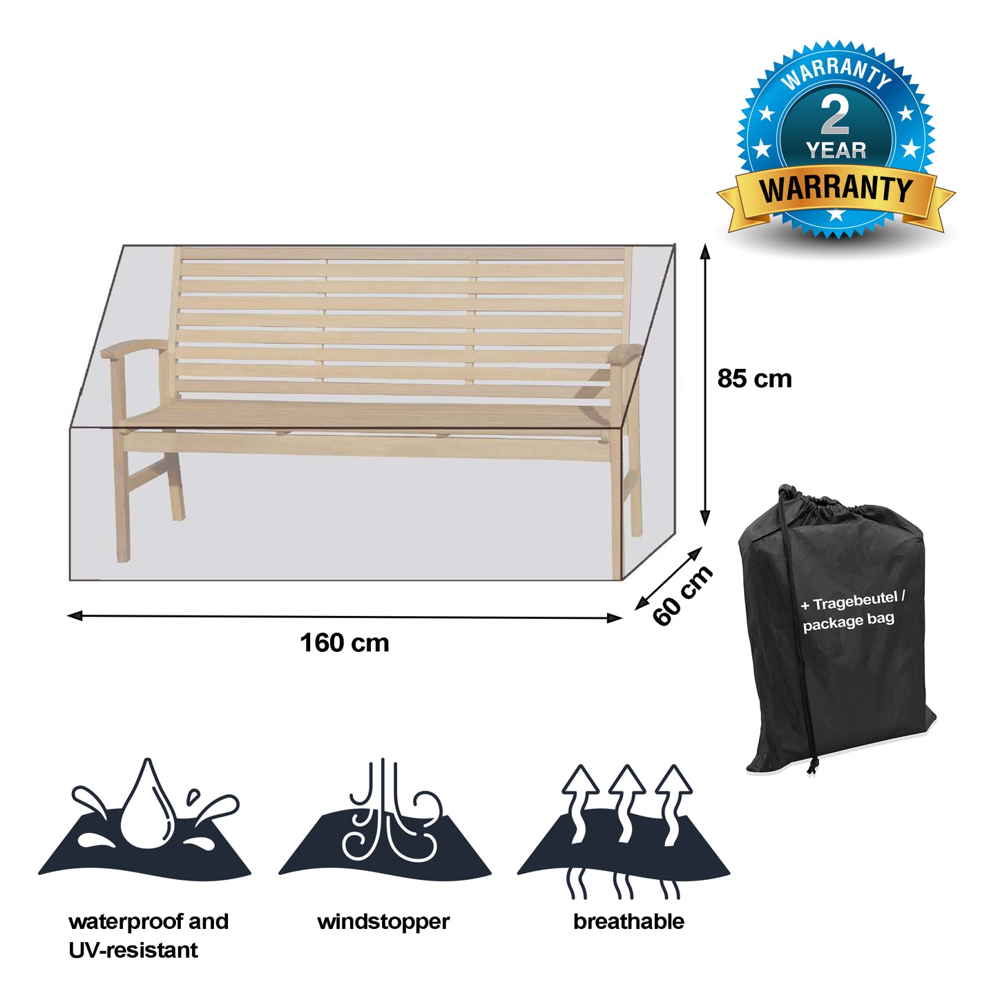 Black Premium Gartenbankhülle  160x60x85cm / garden bench cover /  atmungsaktiv / breathable