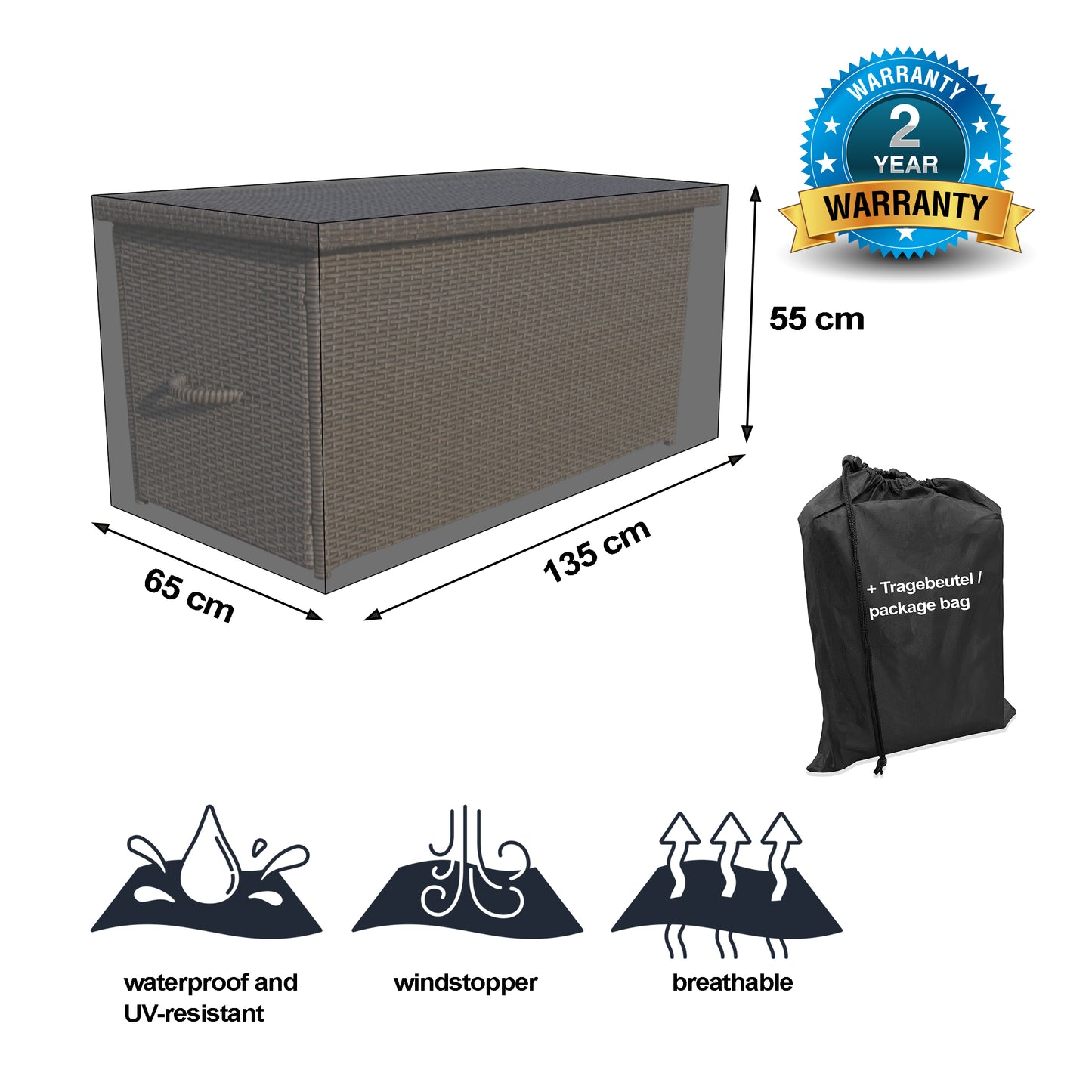 Black Premium Kissenboxhülle 135x65x55cm  / cushion box cover / atmungsaktiv /  breathable