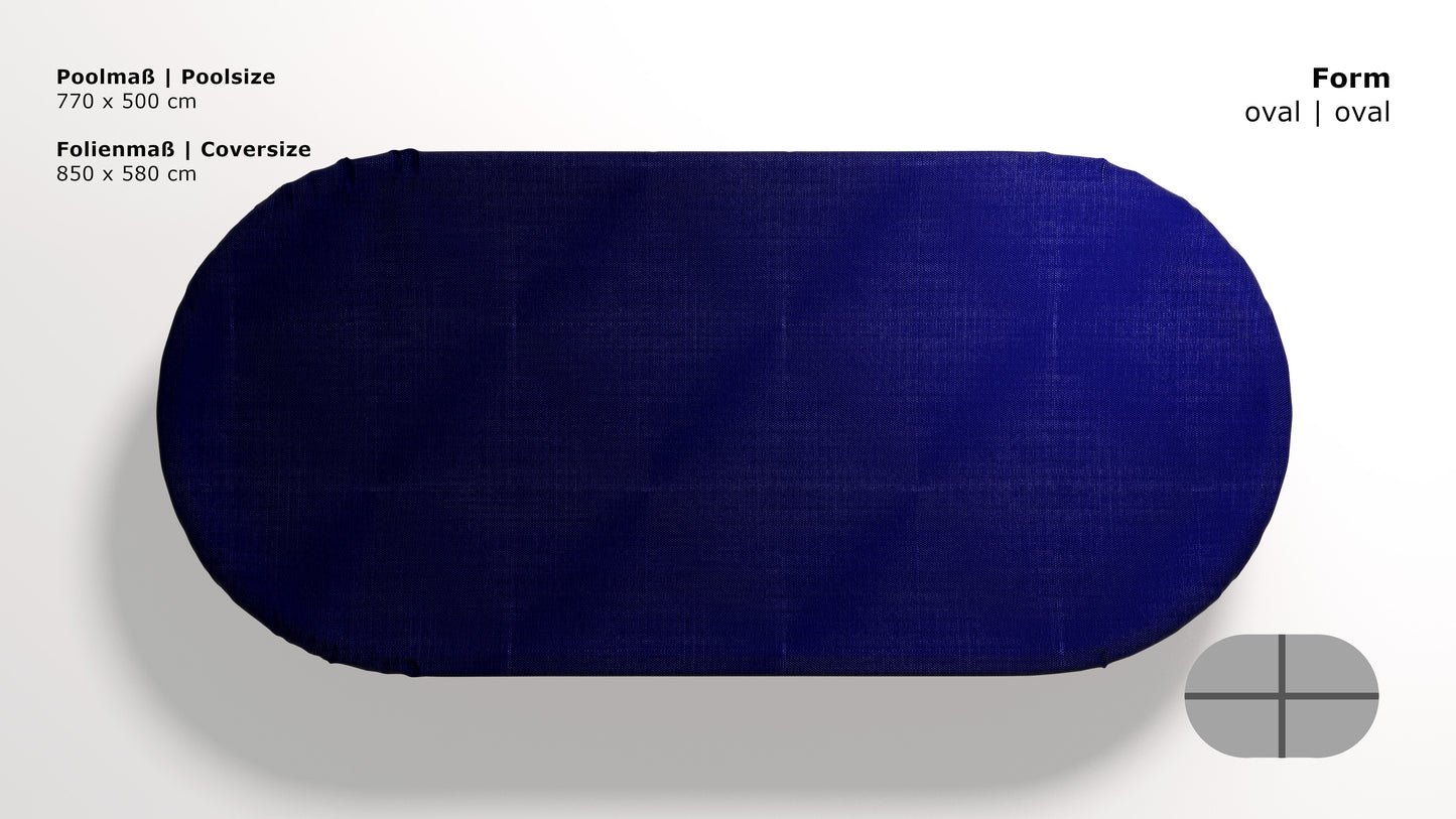 Abdeckplane für Pool oval 770x500cm  Royalblau  Planenmaß 850x580cm Sommer Winter