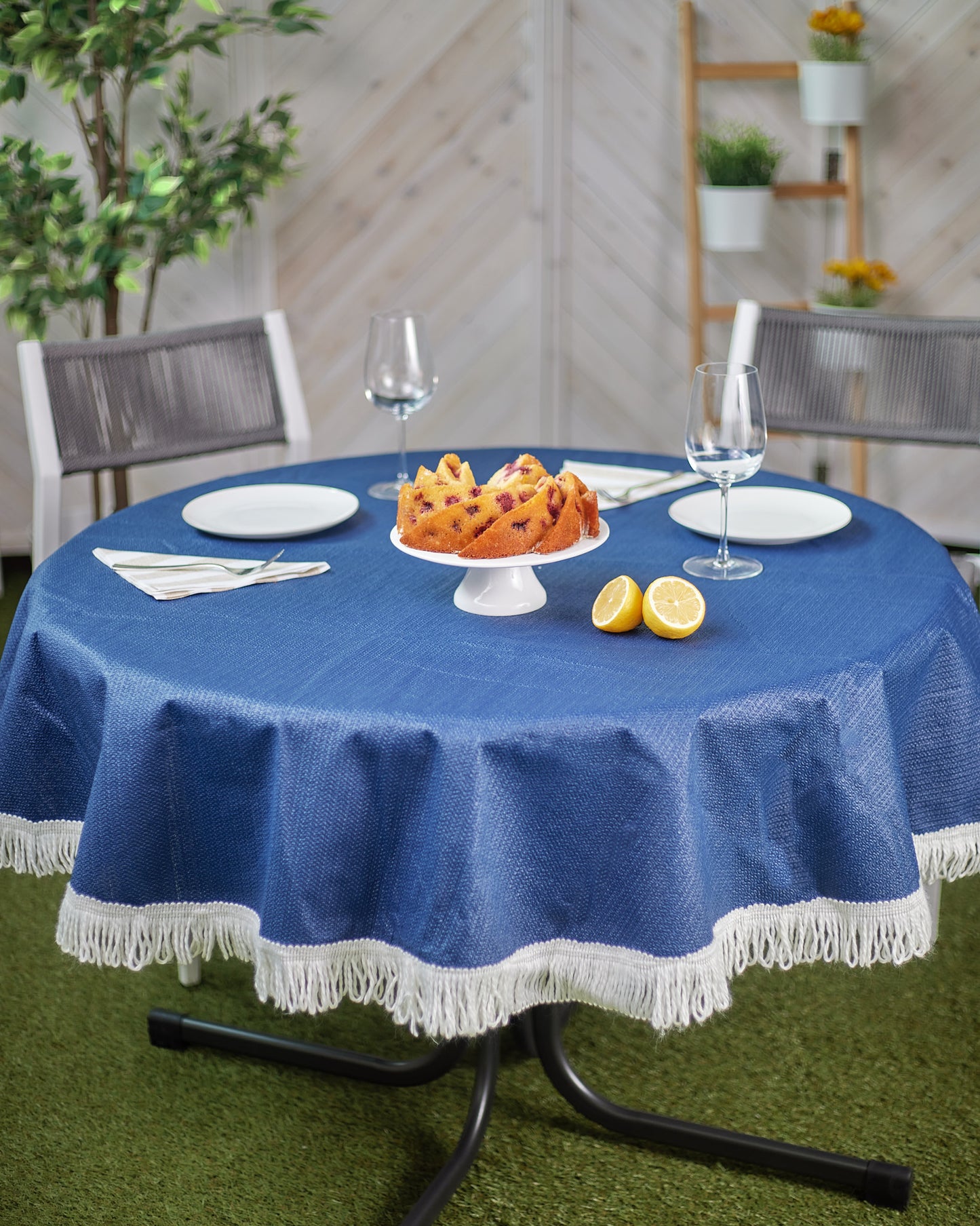 Gartentischdecke 130cm Rund Blau  Weichschaum Witterungsbeständig  Wetterfest geschäumt  Pflegeleicht  abwaschbar