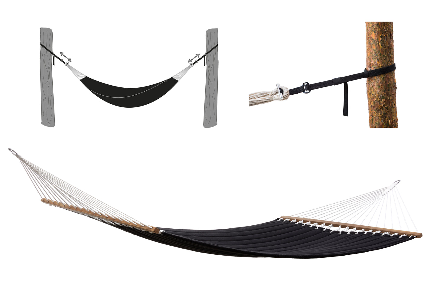 mehrpersonen hängematte Stabhängematte 200 x 140 cm gepolstert Schwarz mit Befestigungsgurten – dasversandhaus24