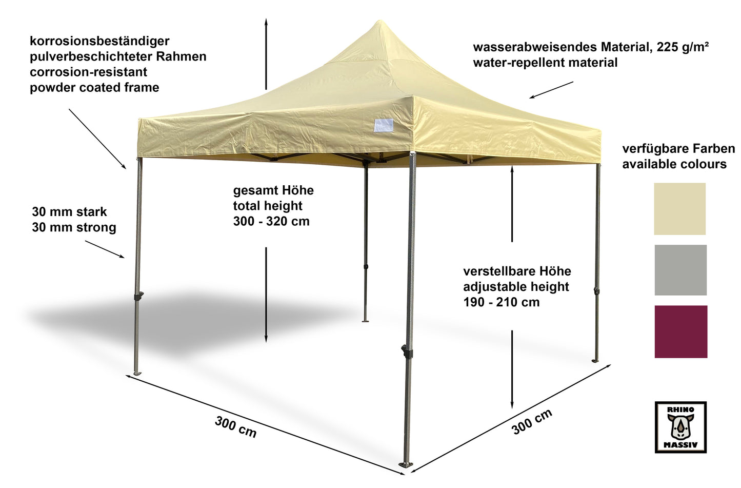 Faltpavillon Modena 3x3m bordeaux inkl.  Seitenteile - extra starkes Gestell