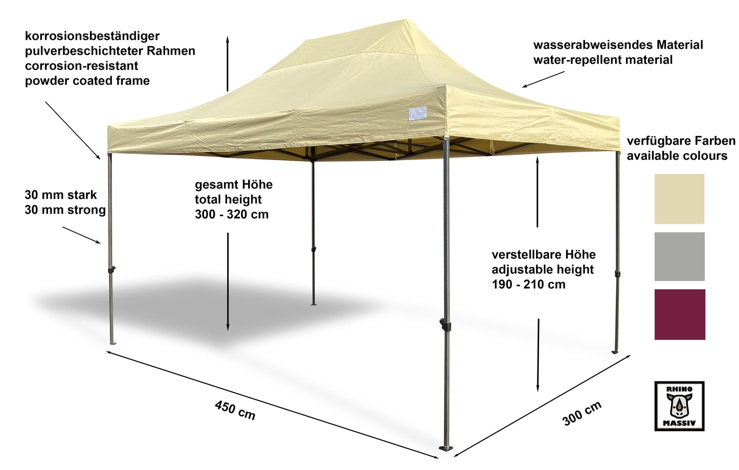 Faltpavillon Modena 3x4,5m beige inkl.  Seitenteile - extra starkes Gestell