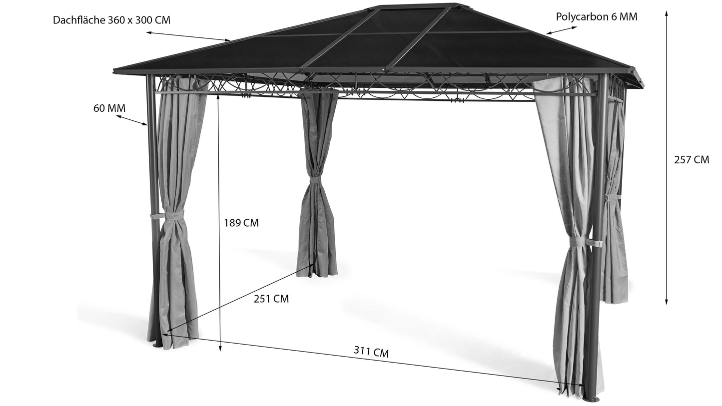 Hardtop Pavillon Meran 3x3,6m mit  Seitenteile Doppelstegplatten Hohlkammer  Polycarbonat