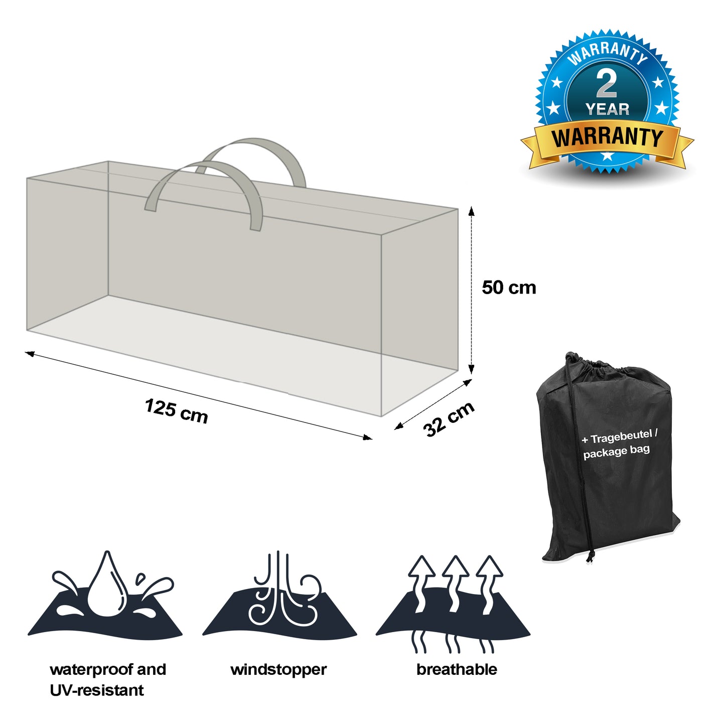 Black Premium Kissenschutztasche  125x32x50cm / protective bag /  atmungsaktiv / breathable